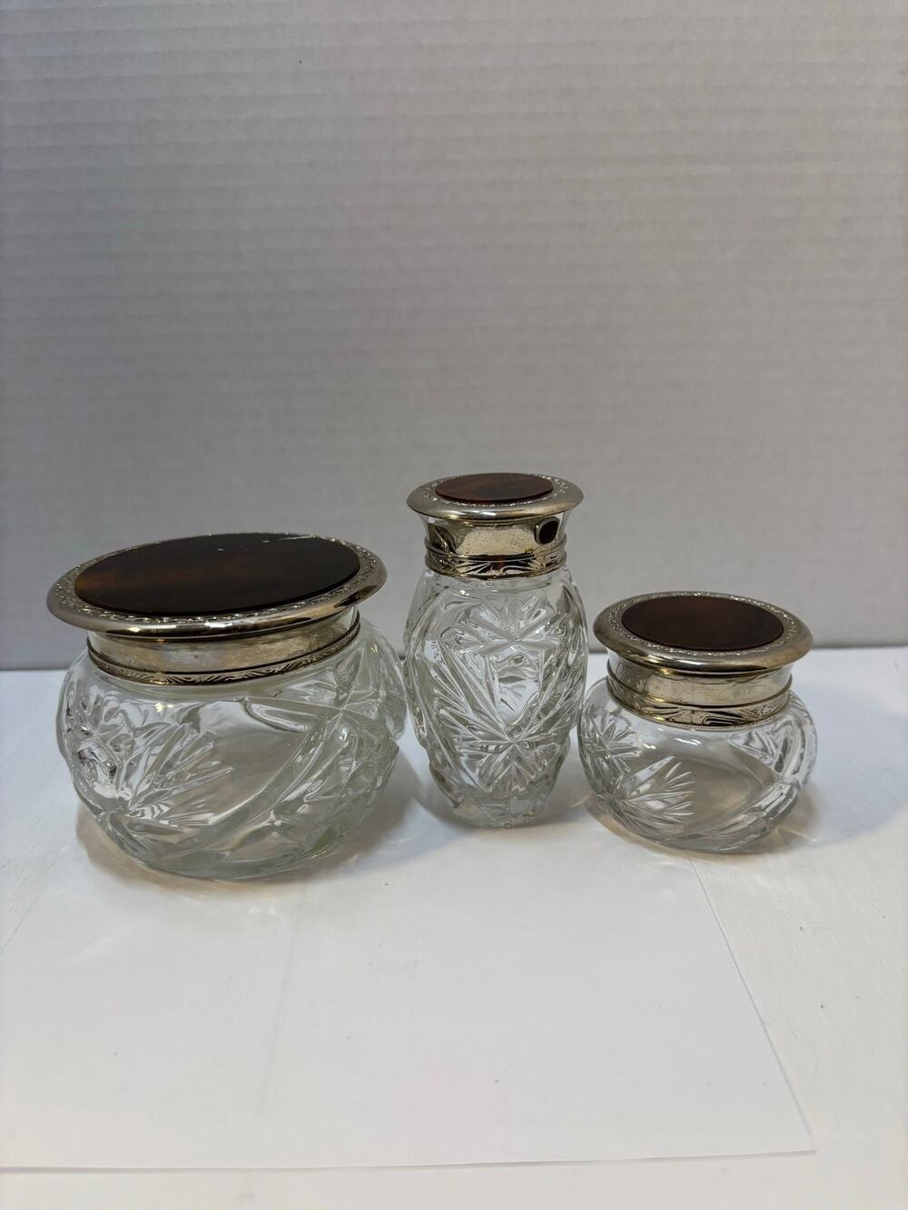 Vintage Ralph Lauren Empty Glass Vanity Jars Safari Silver Trimmed Wood